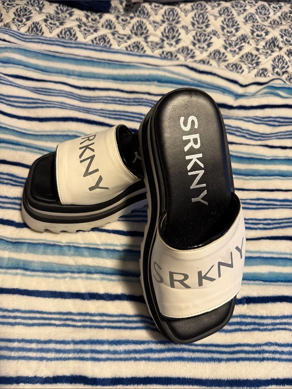 SRKNY Logo Slide Sandals in Black and White